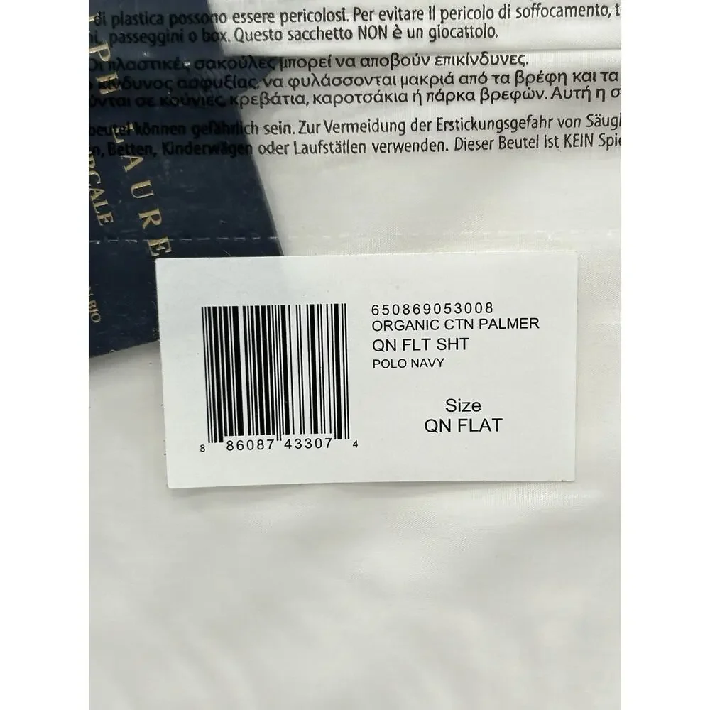 Ralph Lauren Palmer Percale‎ Queen Flat Sheet White Polo Navy NEW